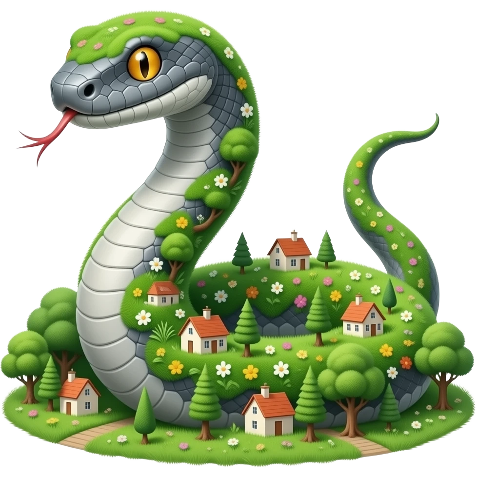 A snake that is gray and also flowers in grass on it in Giant and also that has houses and even villages on it in trees emoji