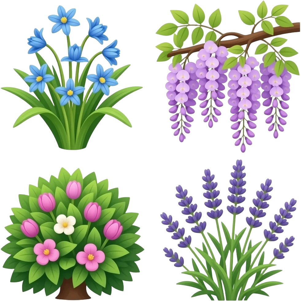 Scilla flowers and wisteria and lilac and lavender emoji