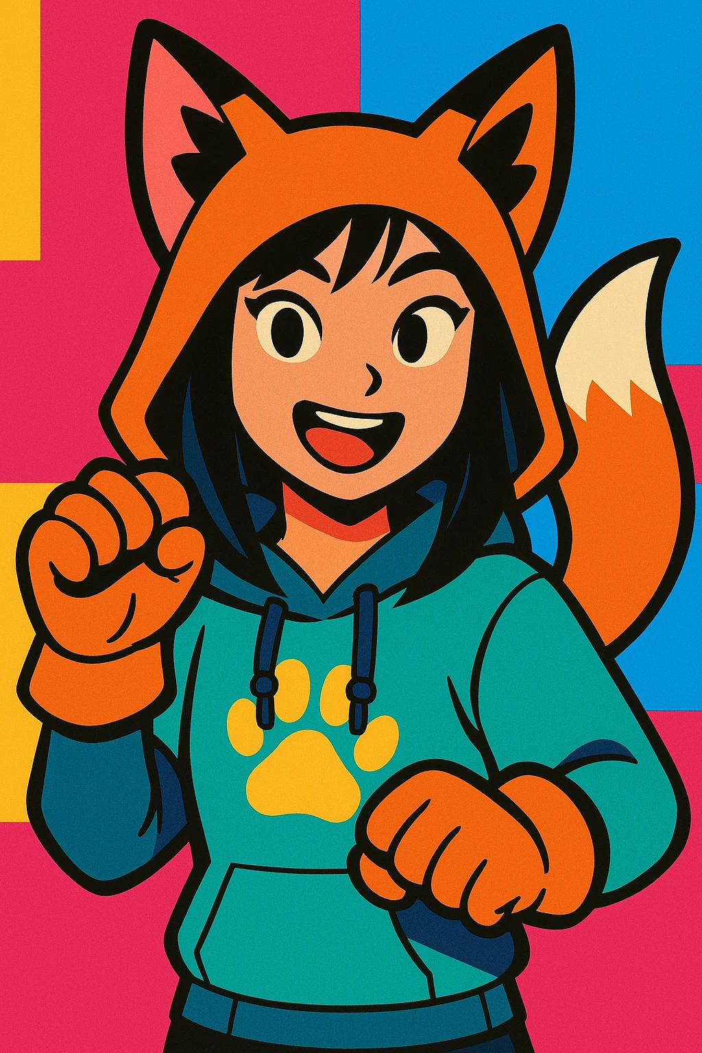 Asian girl wearing therian gear, expressive, modern, vibrant colors emoji