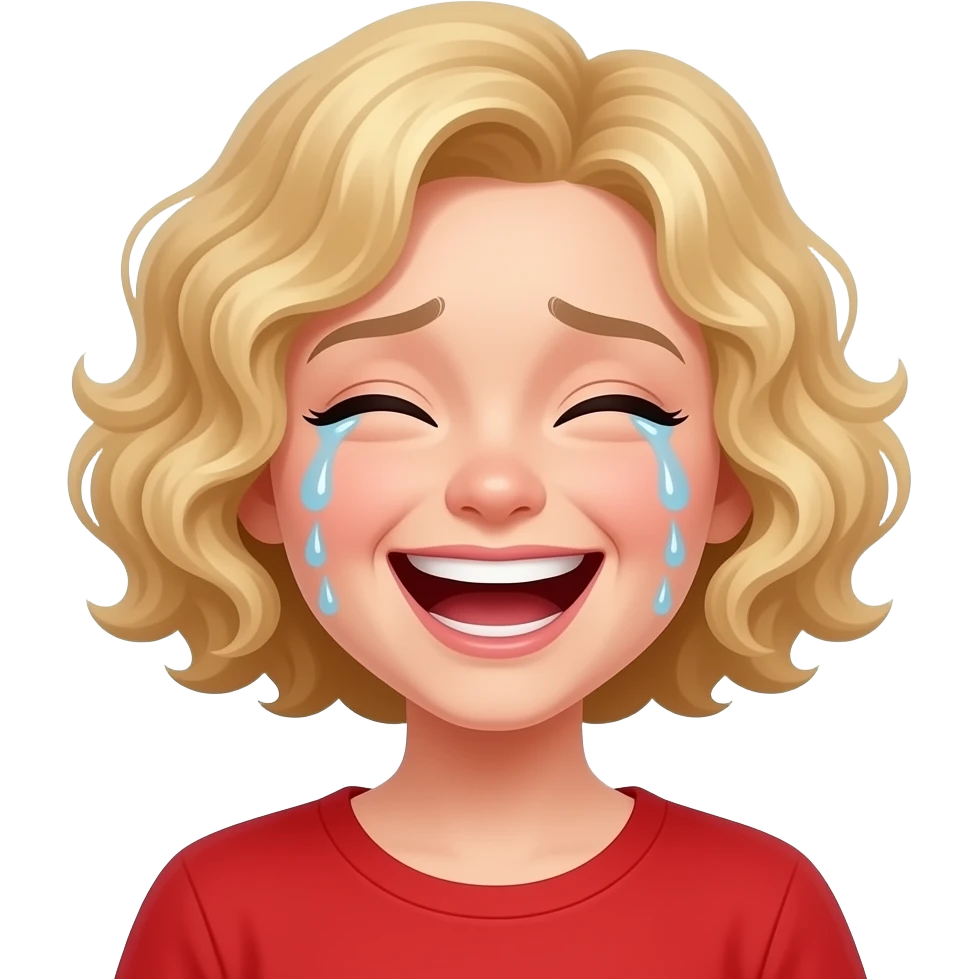 short blonde curly hair side swept bob laughing hard with tears in a red shirt emoji