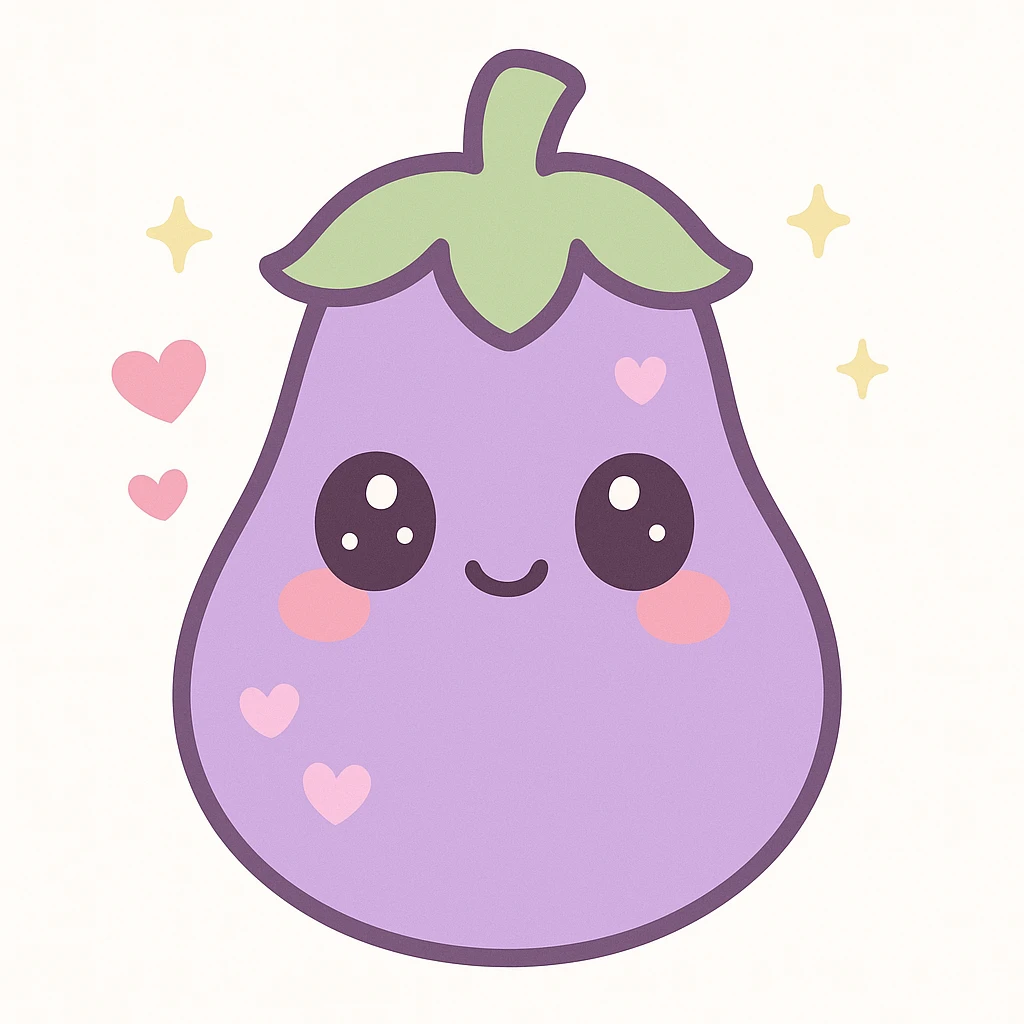 cute eggplant character, soft colors, adorable expression, kawaii style emoji