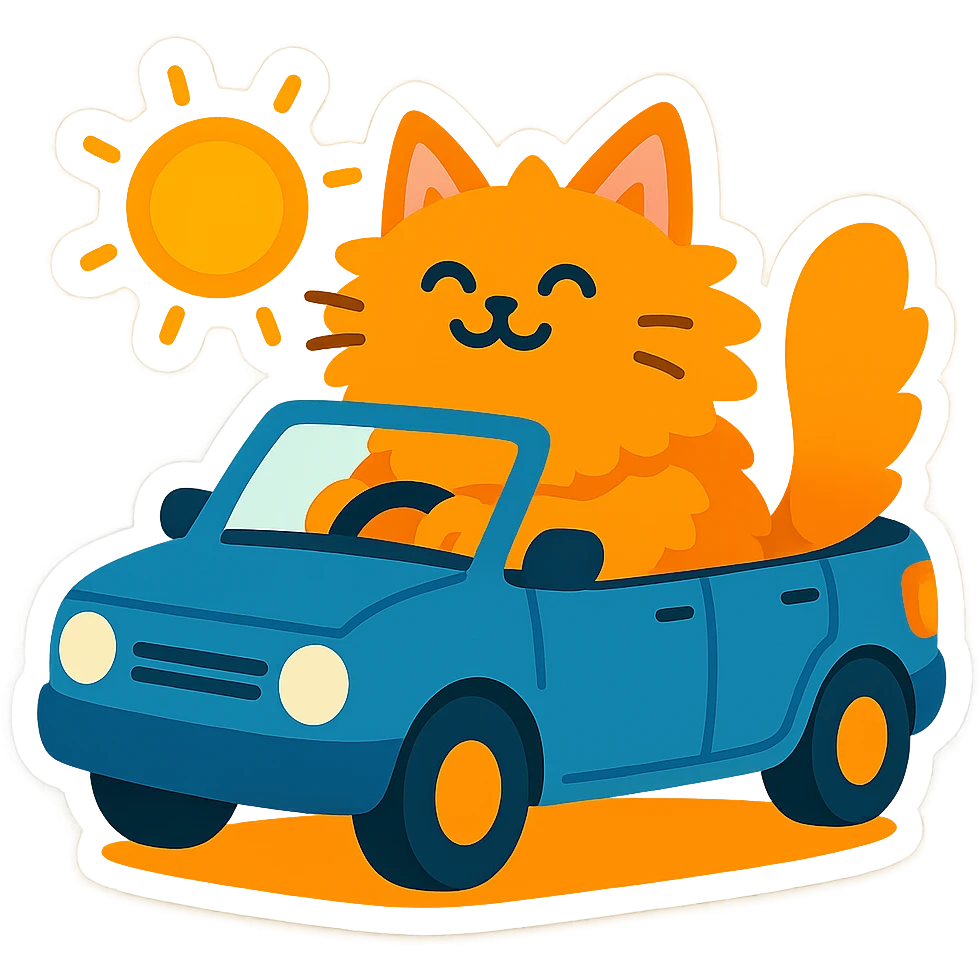 Fluffy cat sitting in a blue convertible with top down on a sunny day, background transparent, chibi stickers cartoon style. emoji