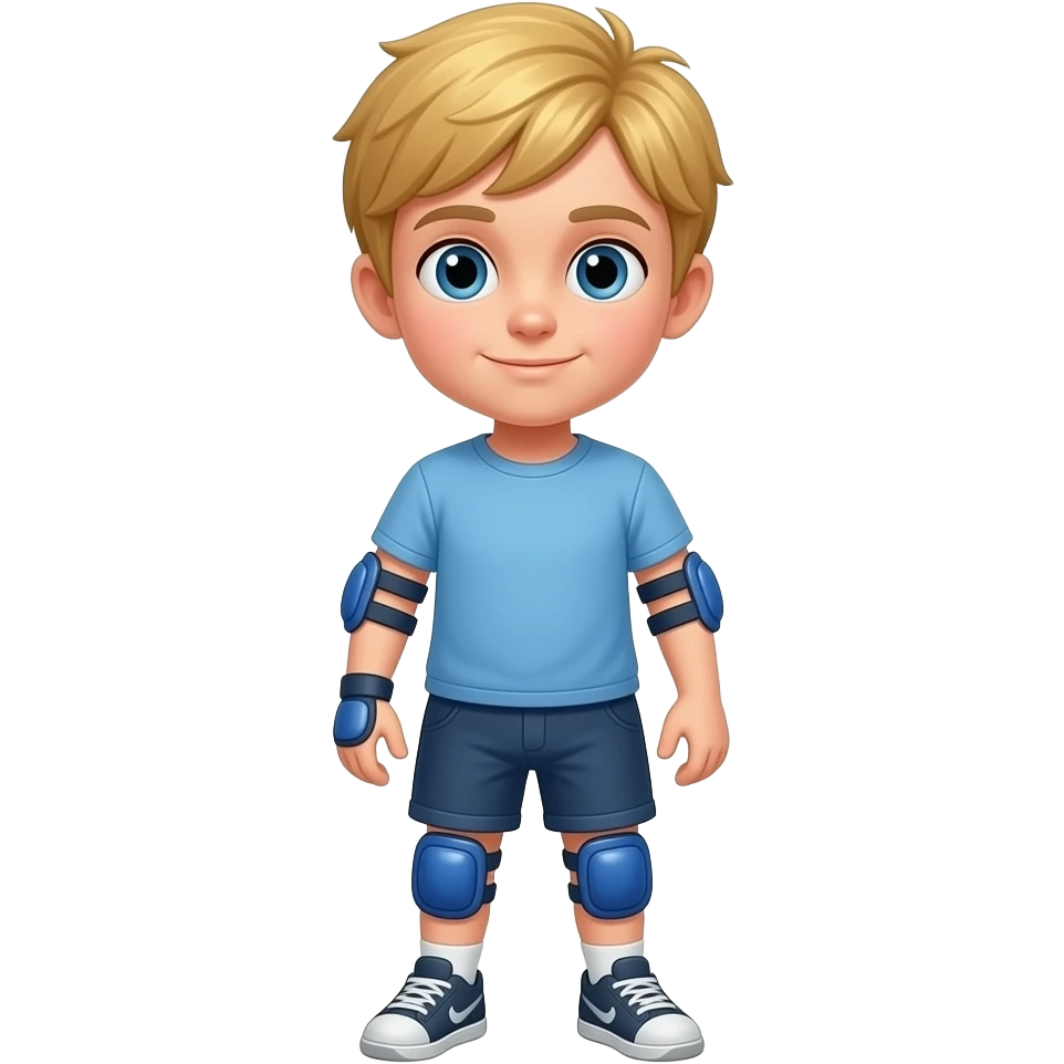 Child boy blonde hair, standing upright, wearing blue elbow pads and knee pads, ready-to-play expression, front-facing pose. emoji