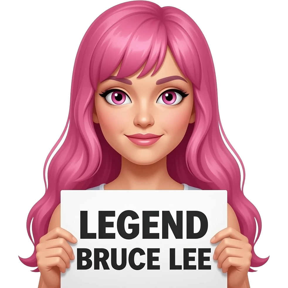 sexy girl with long pink hair and pink eyes holding LEGEND BRUCE LEE sign emoji