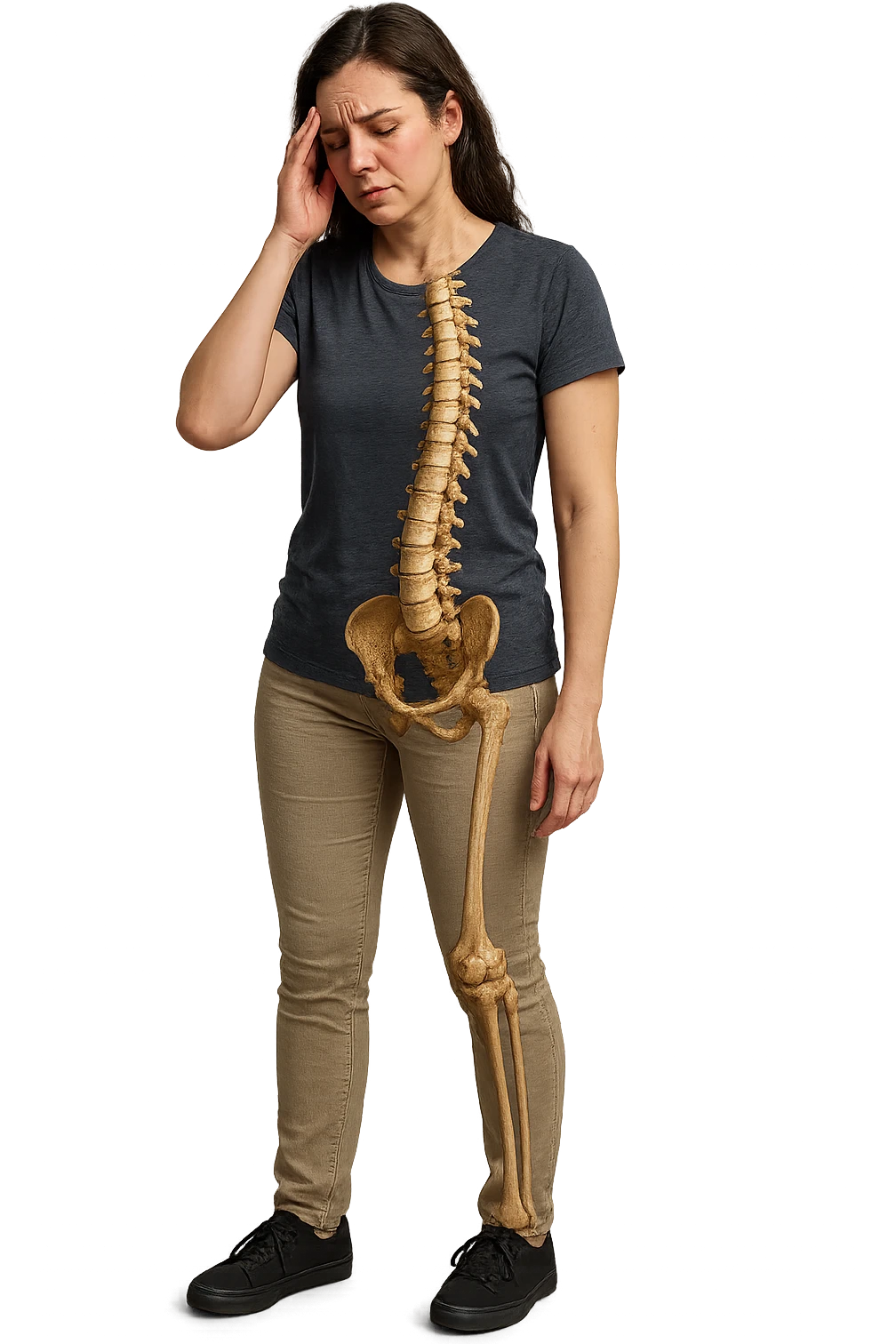 donna stanca a figura intera che si tiene una mano sulla tempia con spina dorsale anatomica visibile, iperrealistico 4k emoji