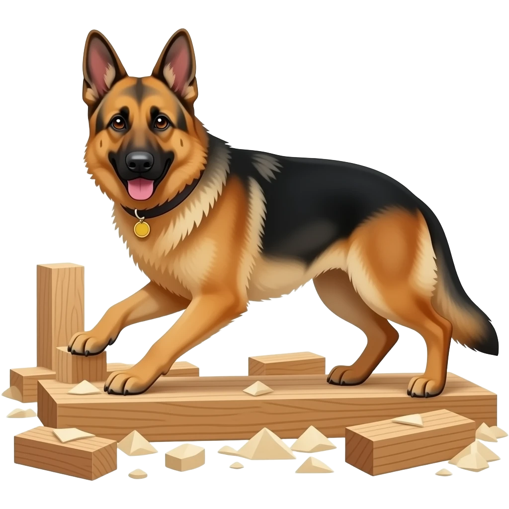 A German shepherd doing woodworking emoji