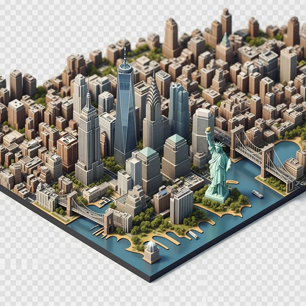 Isometric miniature of New York Сity Empire State Building, Chrysler Building, One World Trade Center, Statue of Liberty, Brooklyn Bridge, and Central Park chaotic low-rise blocks in outer boroughs 3D miniature effect and Tilt Shift effect, no cartoonish look, transparent background. emoji