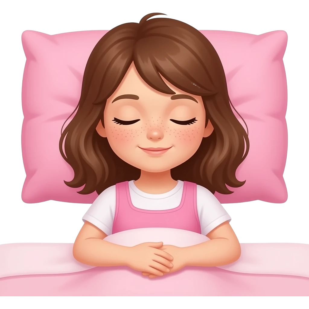 une fille brune avec des taches de rousseurs qui dort sur un oreiller rose avec un drap rose pale emoji