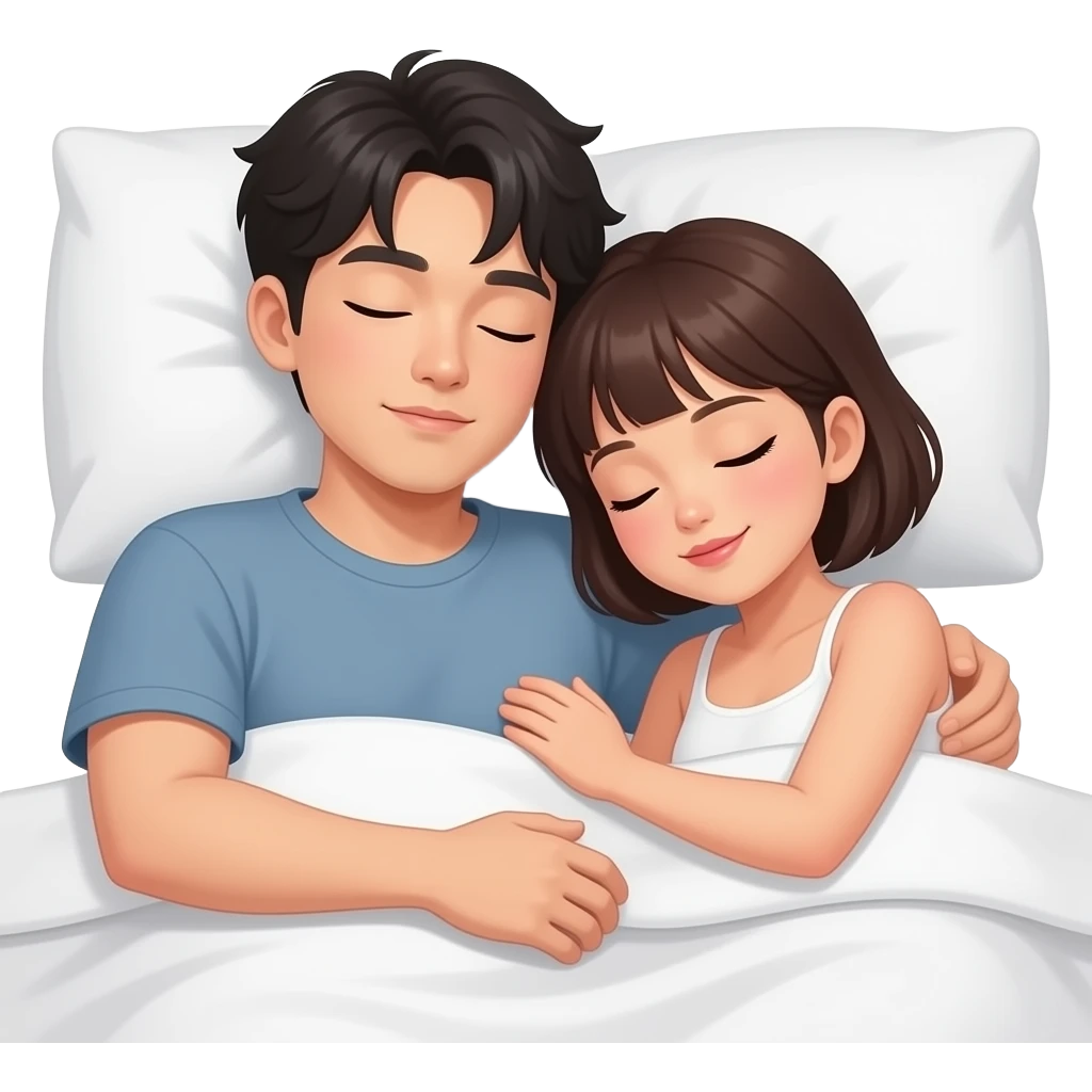hot korean man with bangs sleeping with a hot Filipina with short hair and bangs. make them cuddling very comfortably like they are sleeping emoji