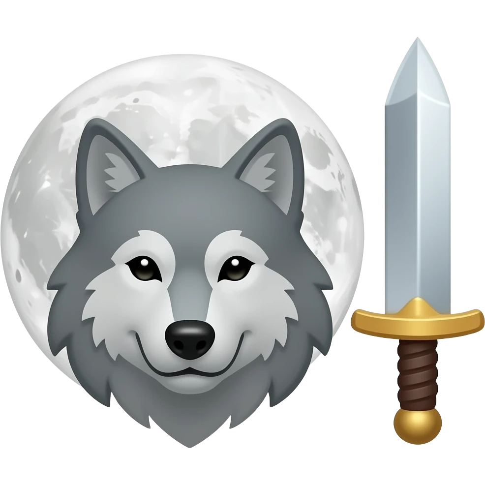 3 separate 3D anime-style icons: (wolf), (full moon), (sword), exactly 3 icons, each icon isolated, equal size, evenly spaced, no overlap, arranged in a horizontal row, clean white background, vibrant colors, soft lighting, glossy material, consistent style, high quality, 4K emoji
