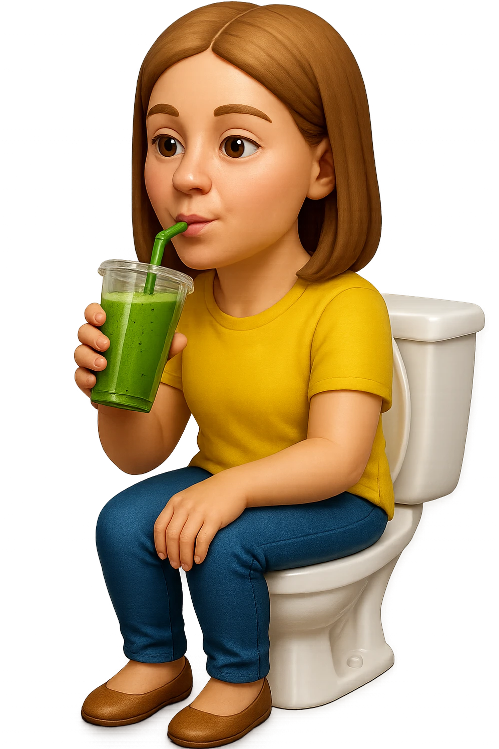 emoji stile iphone di una donna seduta sul wc che beve uno smoothies verde, iperrealistico 4k emoji