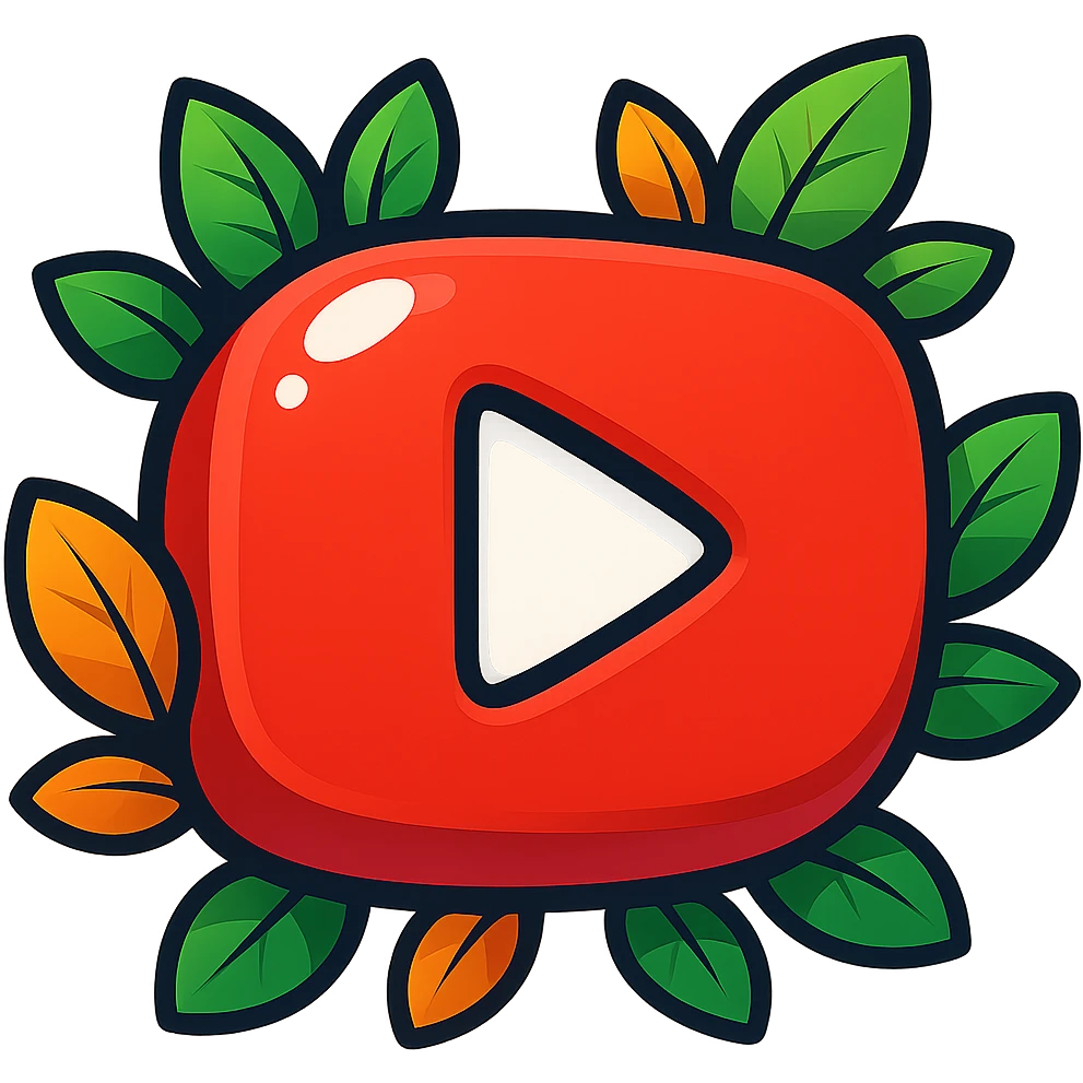 Very rounded, puffy YouTube logo in vibrant toon style, thick outline, dramatic solid shadows, shiny graphic highlights, surrounded by vivid leaves, no background. Focus on contours, shadows, and glossy effects, matching the reference style, but keep everything flat and illustrated. emoji