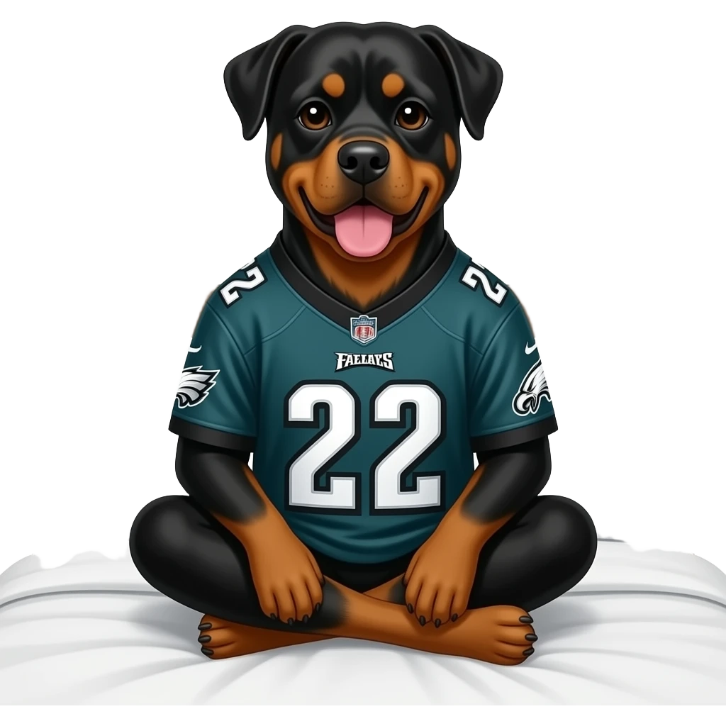 Rotweiler wearing Philadelphia Eagles jersey while sitting on a bed remove shirt emoji