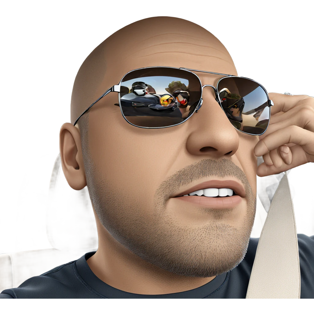 bald boys with sunglasses and car emoji