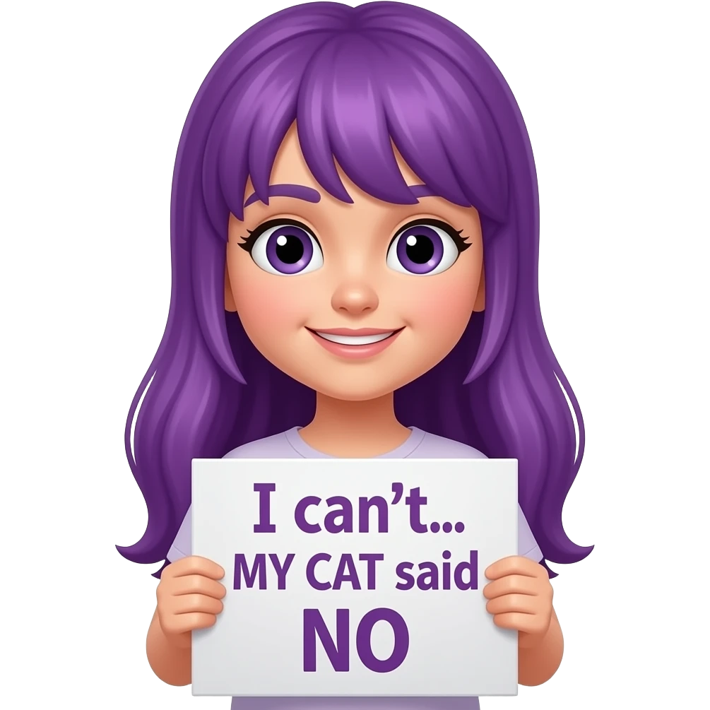 girl with long purple hair with a Ich kann nicht... MEINE KATZE hat NEIN gesagt sign emoji