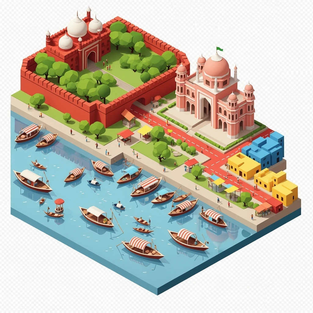 Isometric minimalistic illustration of Dhaka – Lalbagh Fort, Ahsan Manzil, bustling river boats, colorful streets, subtle 3D miniature effect and Tilt Shift effect, no cartoonish look, transparent background. emoji