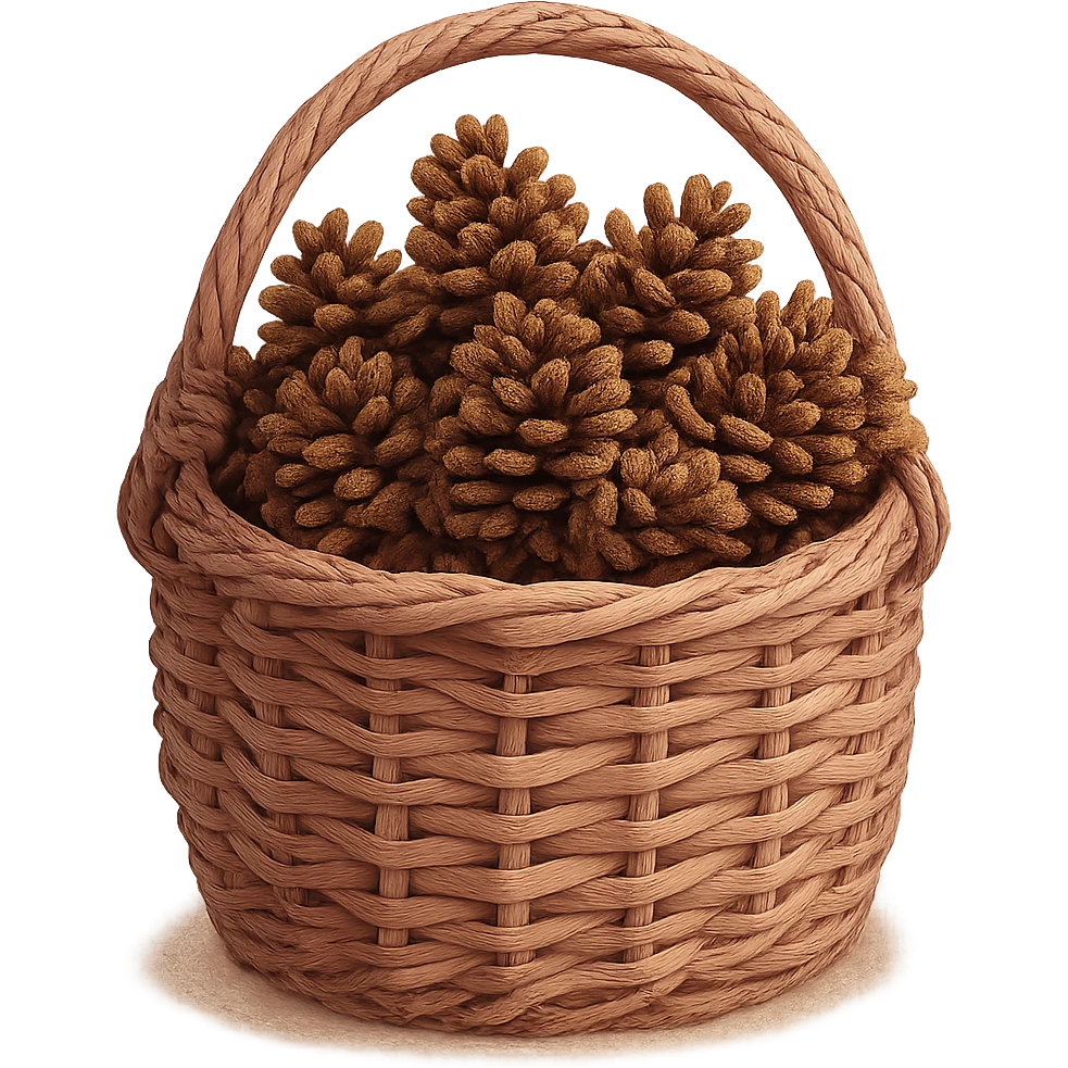pink cozy basket of pinecones, rustic and homey emoji