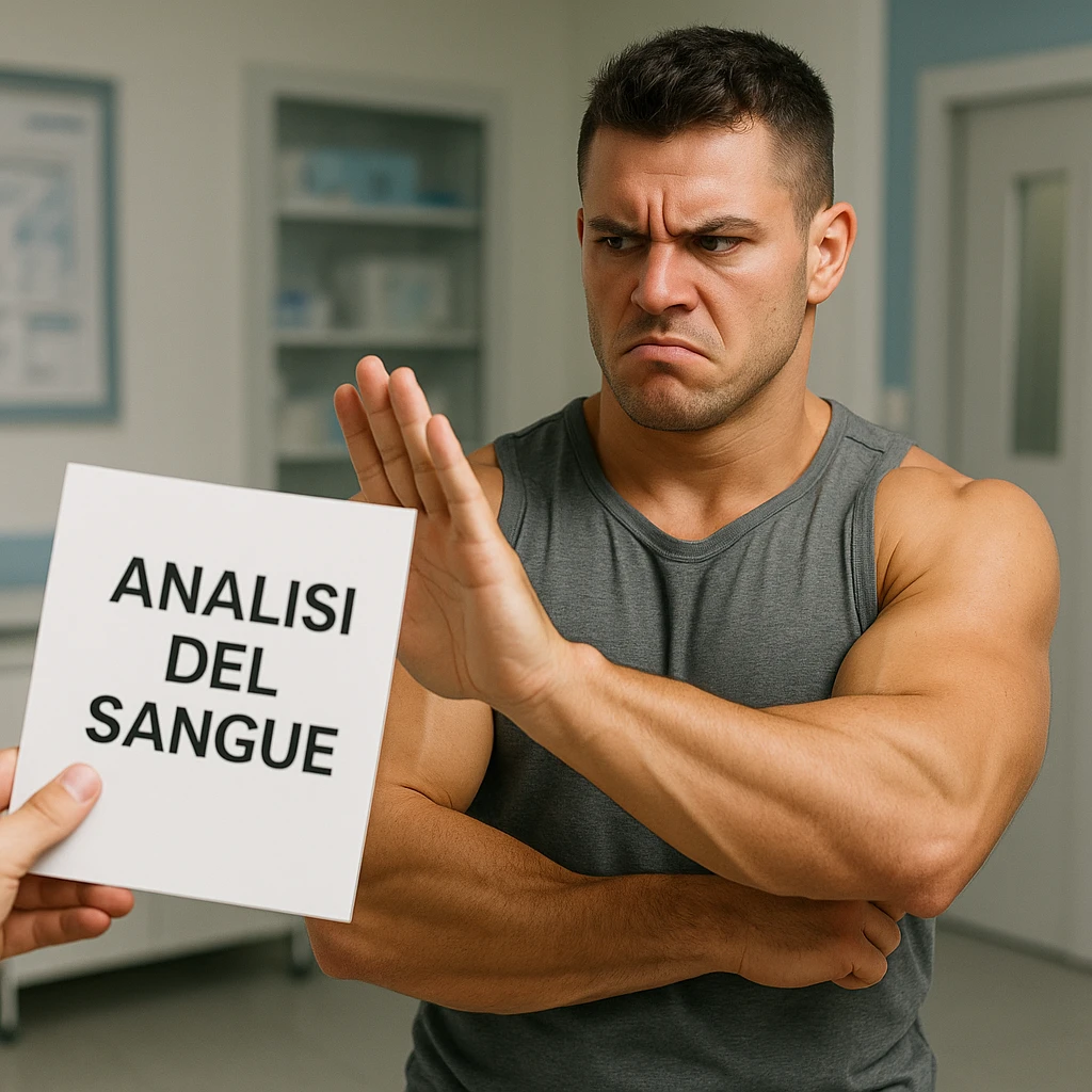 realistic young muscular bodybuilder with a stubborn and distrustful expression, refusing a paper with the text 'Analisi del sangue' offered by an off-screen hand, denial gesture, wearing sportswear, skeptical atmosphere, medical clinic background, Italian text, 4K quality emoji