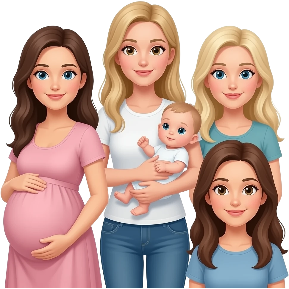 5 Caucasian women with long hair: 1 brunette whose pregnant, 1 dirty blonde tall, 1 blonde with baby in arms, 1 blonde, 1 brunette emoji