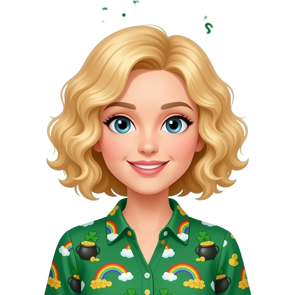 blonde tight curly hair in a short bob with St. Patrick's in a green blouse with rainbow and a pot of gold and Happy  St. Patrick's Day over my head emoji