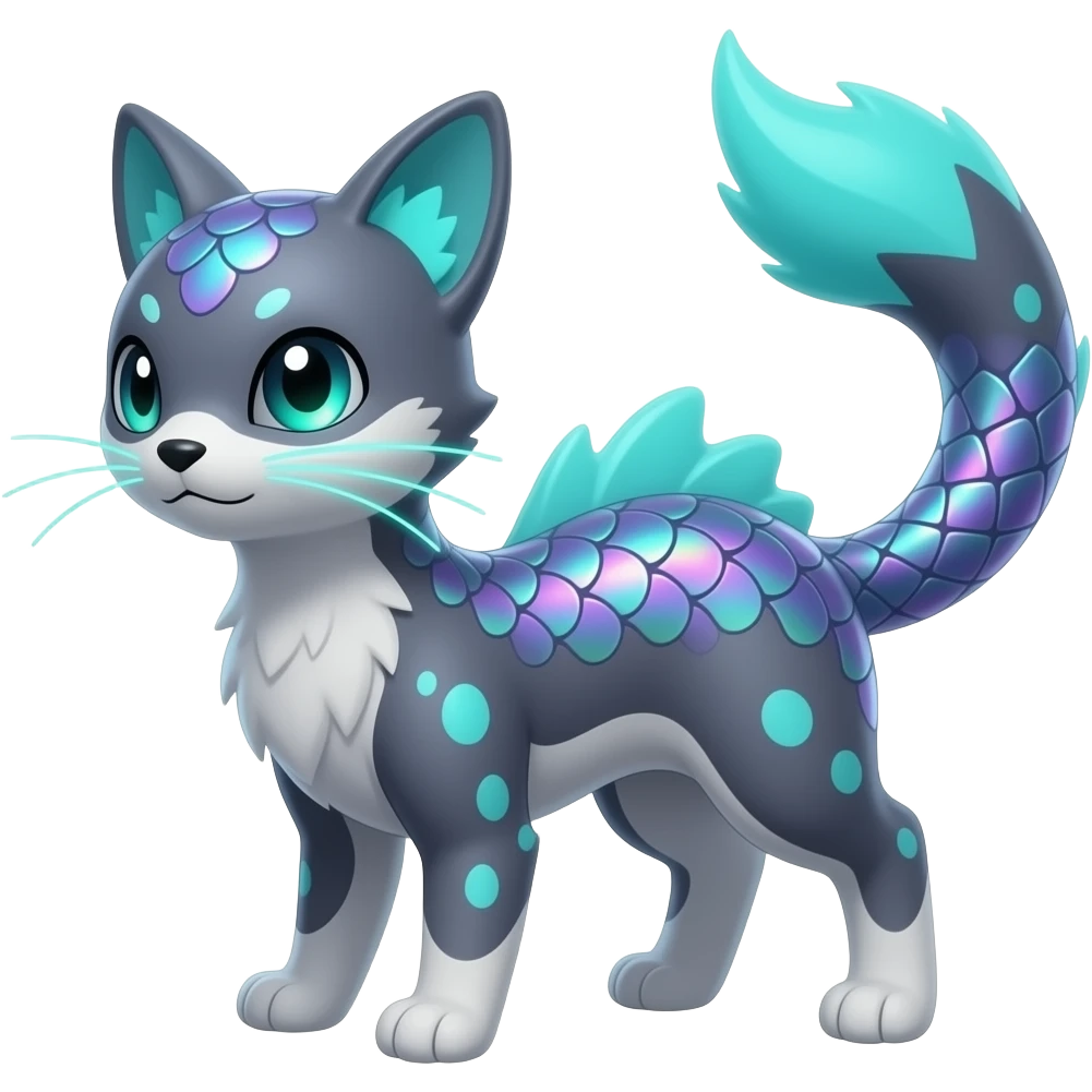 Realistic iridescent-scaled slim smooth shiny glossy elegant bioluminescent dull, furry oil-dark greyish, purplish, neon-cyan, back-finned, abyss-fantasy-Zorua-Vaporeon-Sprigatito-Absol-Lykoi-Civet-Fakémon-fusion, with thin neon-glowing bulb-whiskers, koi-piebald-flecked full body emoji