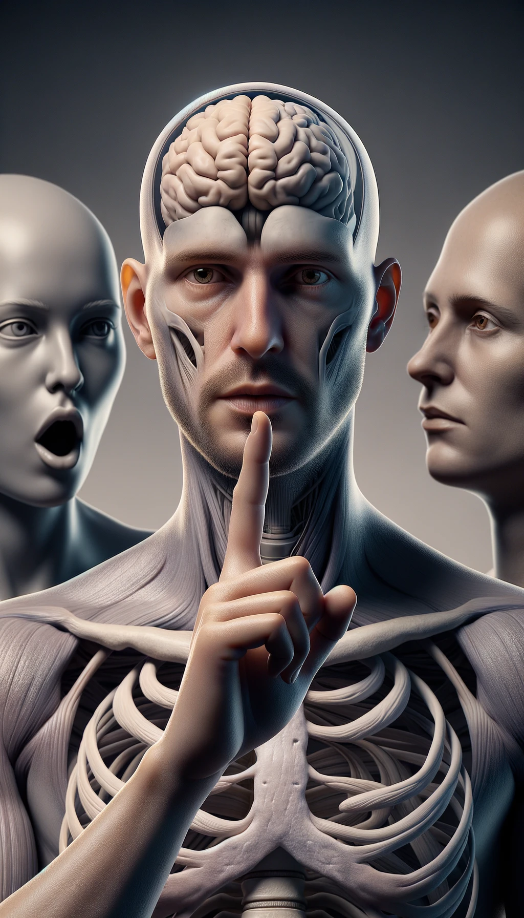 corpo umano anatomico che parla ma sopra di lui c'è il muto, un altra persona lo ascolta, immagine iperrealistica 4k emoji