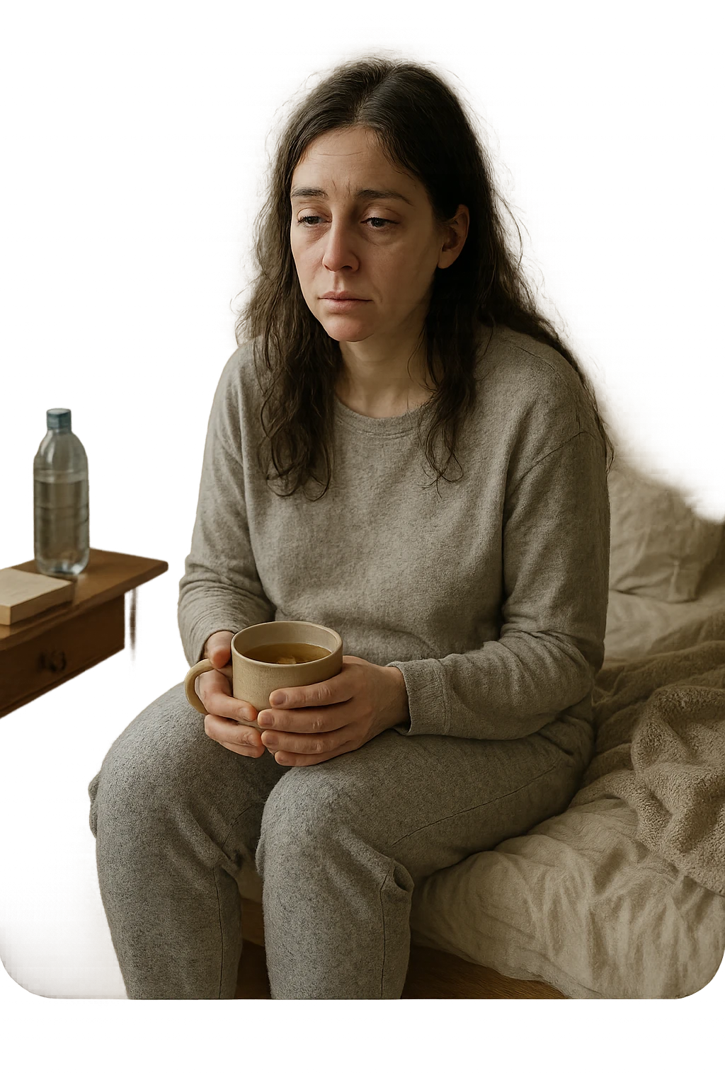A realistic, cinematic illustration of a woman in her early 30s with a tired, pale appearance, sitting on the edge of her bed in a softly lit bedroom during the morning, looking exhausted and drained. Her posture is slightly slouched, and dark circles are visible under her eyes. She wears comfortable loungewear, holding a warm cup of herbal tea in her hands, seeking comfort. The scene includes a cozy yet slightly messy room with a blanket, a water bottle, and a book on the nightstand, emphasizing chronic fatigue. Soft natural light comes through the window, highlighting her expression of persistent tiredness despite rest, capturing the invisible struggle of chronic fatigue syndrome while maintaining dignity and a gentle aesthetic. emoji