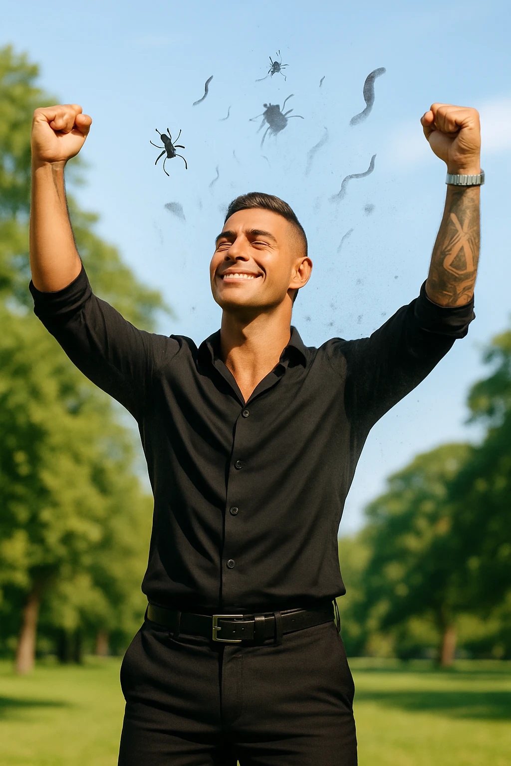 a man stands outdoors in bright sunlight, arms raised in relief and joy, while faint, shadowy silhouettes of parasites fall away from his body and dissolve into the air. His posture is upright and energetic, his expression serene and healthy. The background features green trees and a clear sky, emphasizing liberation and restored well-being. emoji