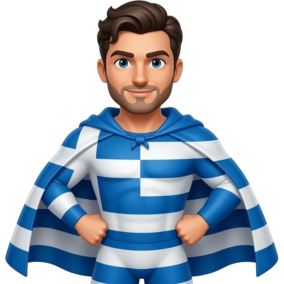 latin looking man with a short beard but is a superhero that wears a cape made of the Greek flag emoji