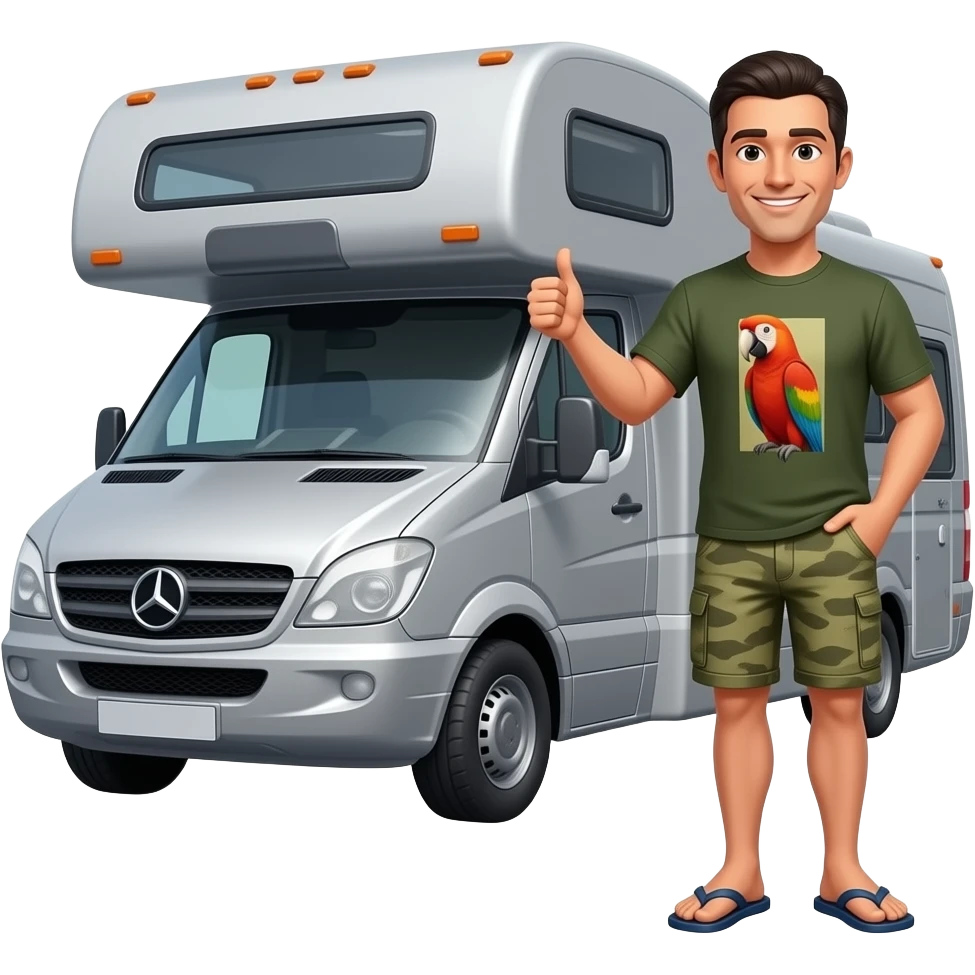 Slim military cut dark haired man in shorts and flip flops standing next to a grey Mercedes low roof roadie style rv with a dig and parrot emoji emoji