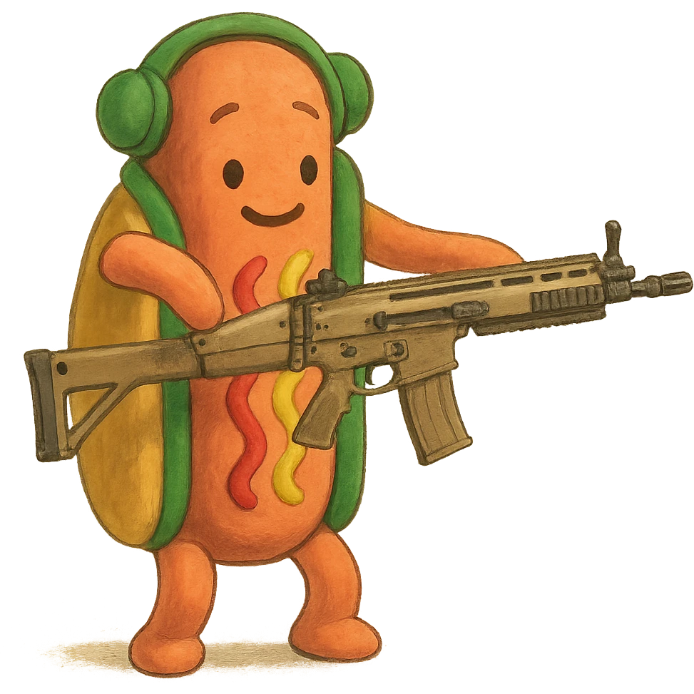The tiktok dancing hotdog, except he has a scar12 battle rifle  emoji