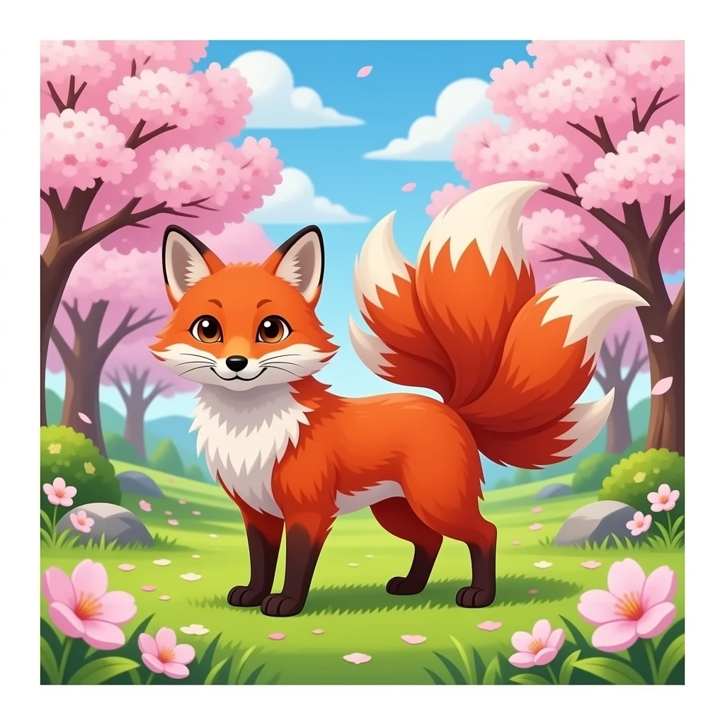 red nine tailed fox in a lush sakura forest emoji