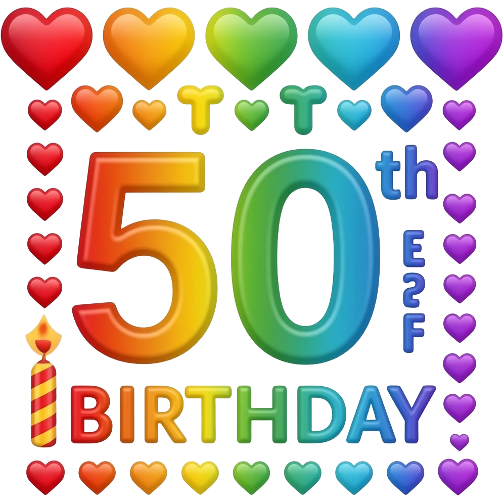 Alles Gute zum 50. Geburtstag- geschrieben in Regenbogen-Farben und mit den Herzen am Anfang und Ende emoji