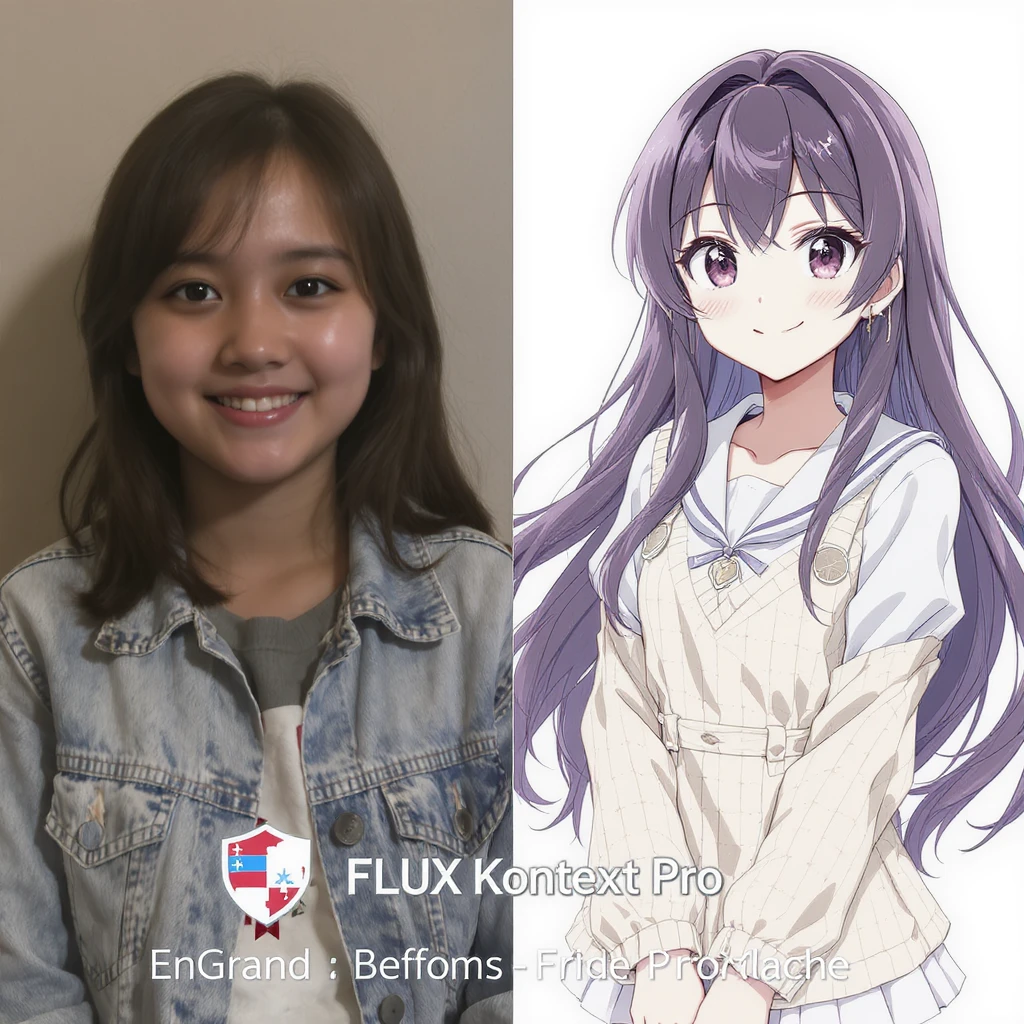 create before after image of a girl before is realsitic photo, after is anime version of her in same pose and clothes, add logo with text of a "FLUX Kontext Pro" emoji