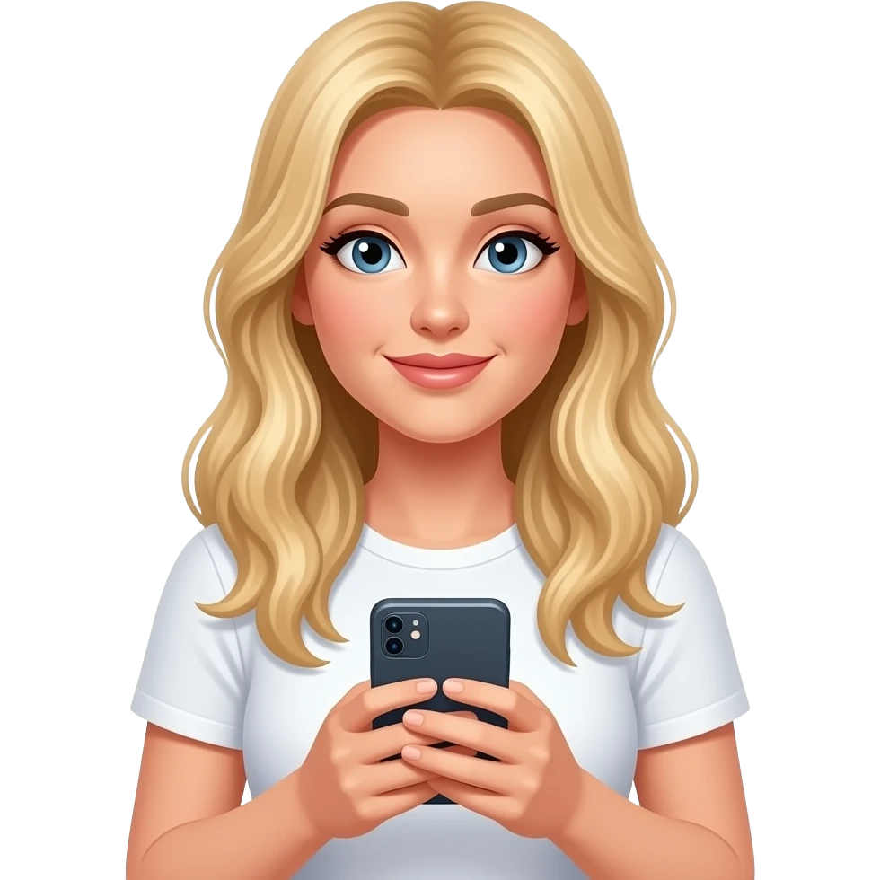 strawberry blonde fair skinned long hair woman in white tshirt working on a smart phone emoji