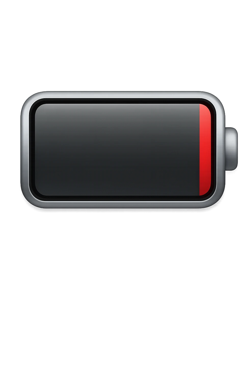 iPhone-style emoji of a battery that is almost empty, with a red bar at the end indicating low energy. Clean, minimal, glossy look, transparent background. emoji