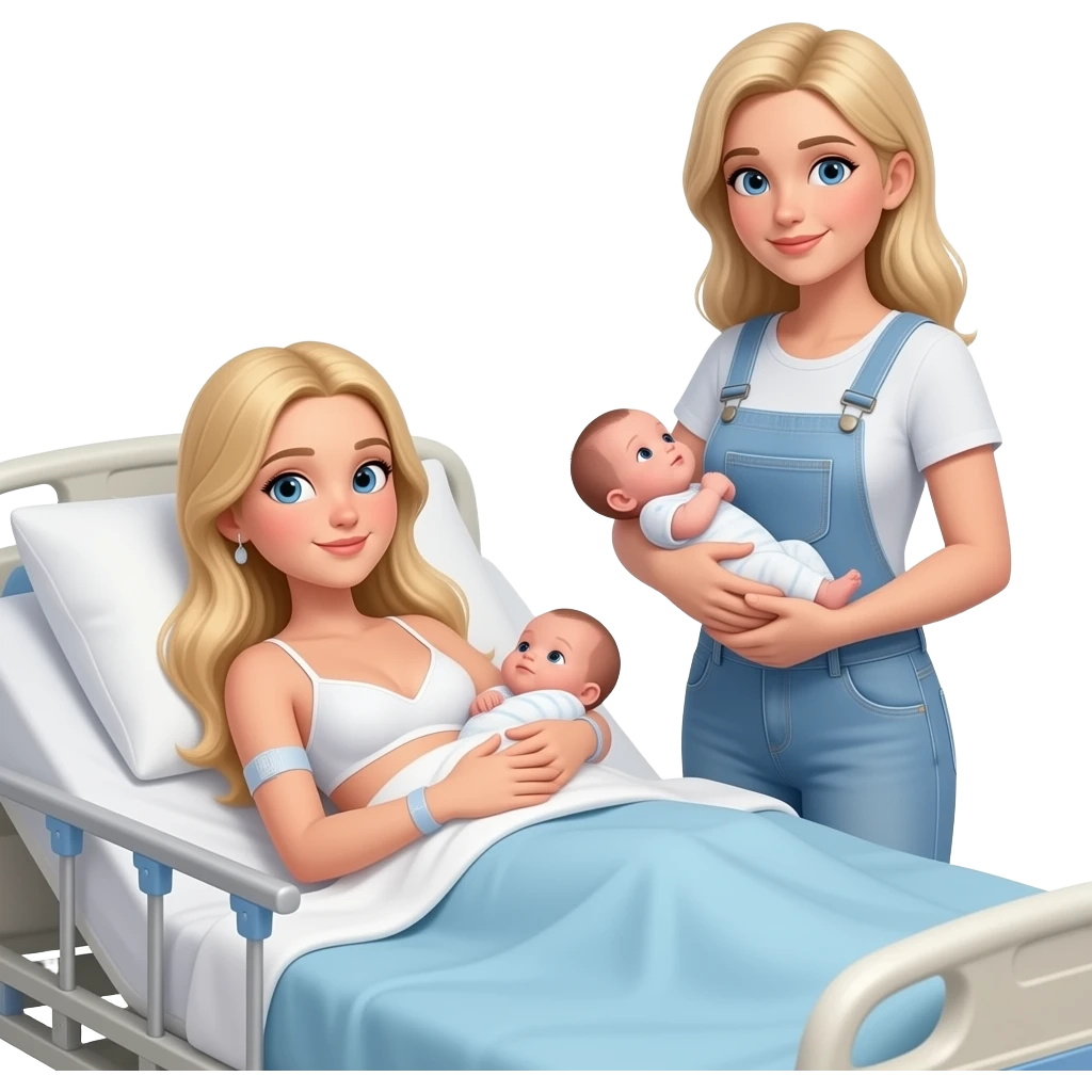 in hospital bed in blanket 17 year old Woman with long blonde hair, and light blue eyes, wearing white bra and light blue baggy jeans with skinny body, holding newborn girl, with 38 year old mom with blonde hair and blue eyes holding baby girl on the waist with one arm, standing beside bed emoji