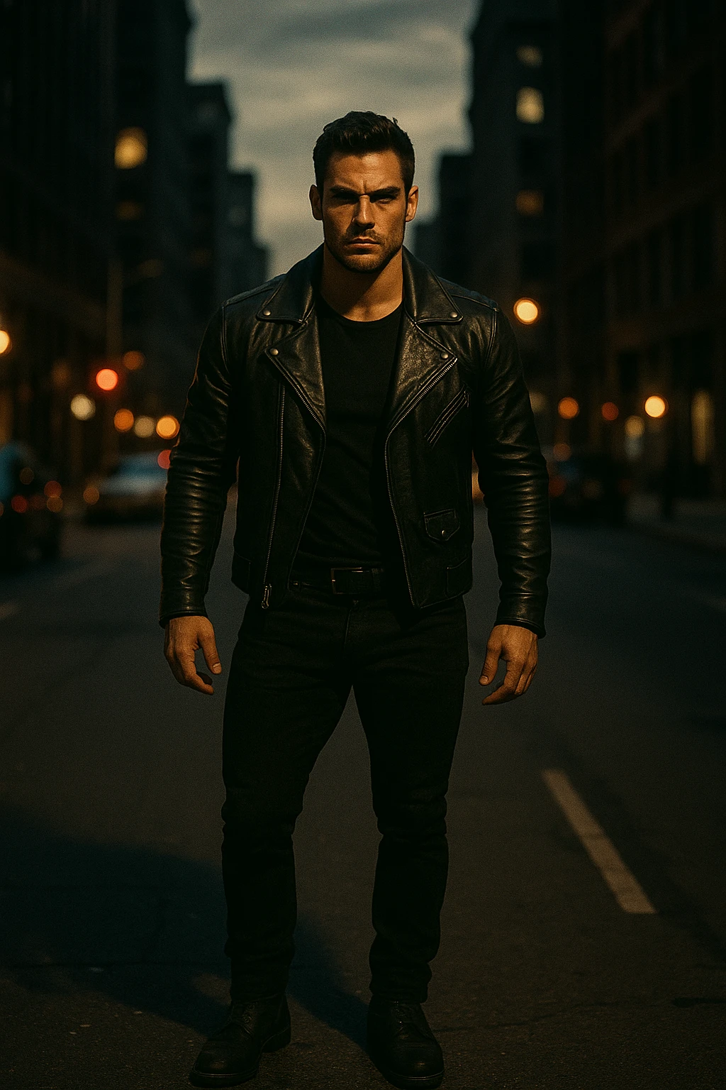A confident, strong man standing in the middle of a city street at dusk, wearing a black leather jacket and boots, sharp jawline, intense gaze. Radiating masculine energy. Cinematic lighting, moody urban background, dramatic shadows, shallow depth of field. 35mm film style emoji
