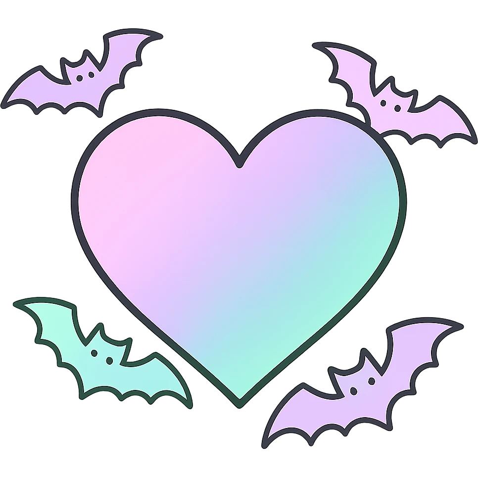 pastel goth heart with pastel bats ,remove background emoji