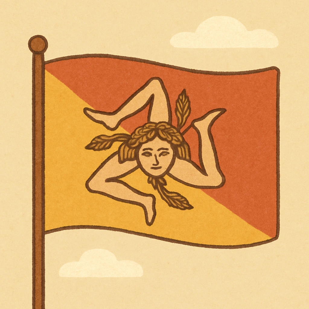 the flag of Sicily, featuring a triskelion with three bent legs and a Gorgon's head at the center, red and yellow diagonal split background, clean bold style emoji