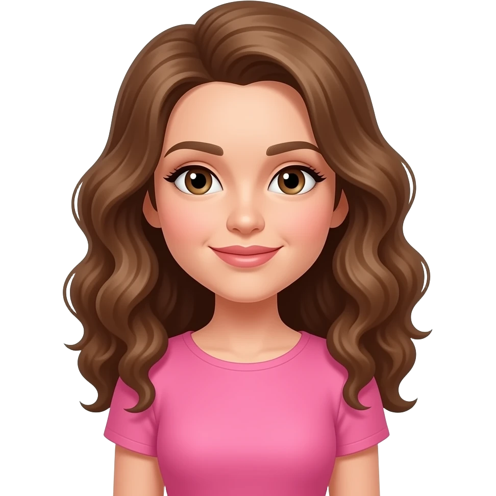 A Megan moroney emoji that is her in a pink dress with curled hair. emoji