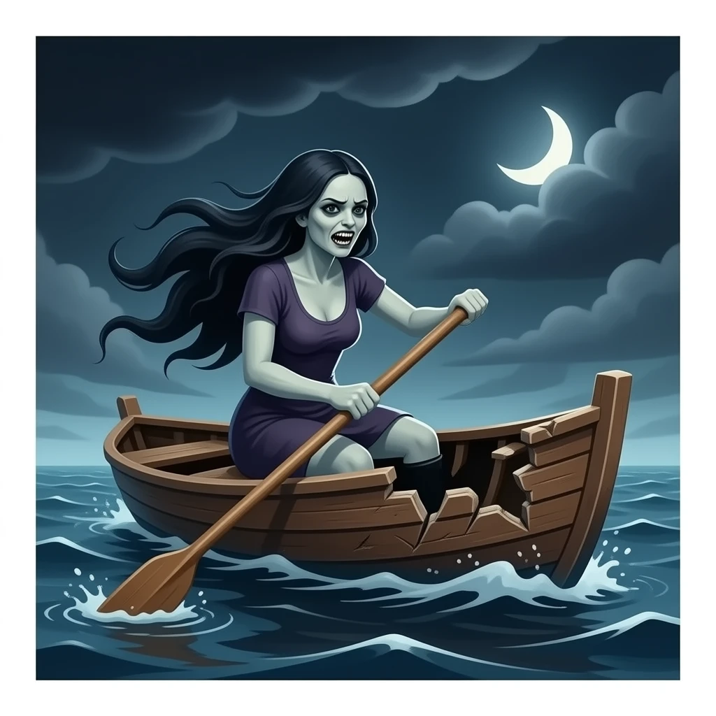 cinematic -  a broken boat with a terrifying female apparition rowing emoji