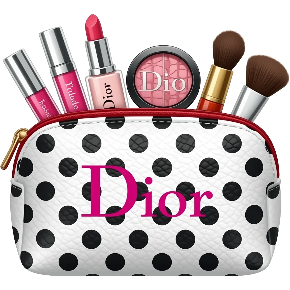 makeup puch with products Dior rhode too faced etc the makeup pouch without a face, polka dot white with black dots with Dior pink and the other one red the makeup products emoji