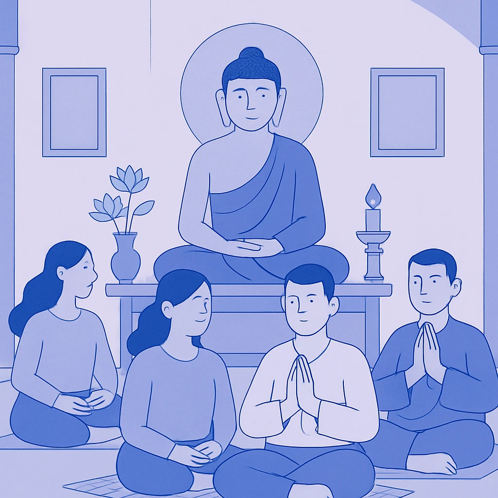 group meditating and praying in Buddhist temple interior emoji