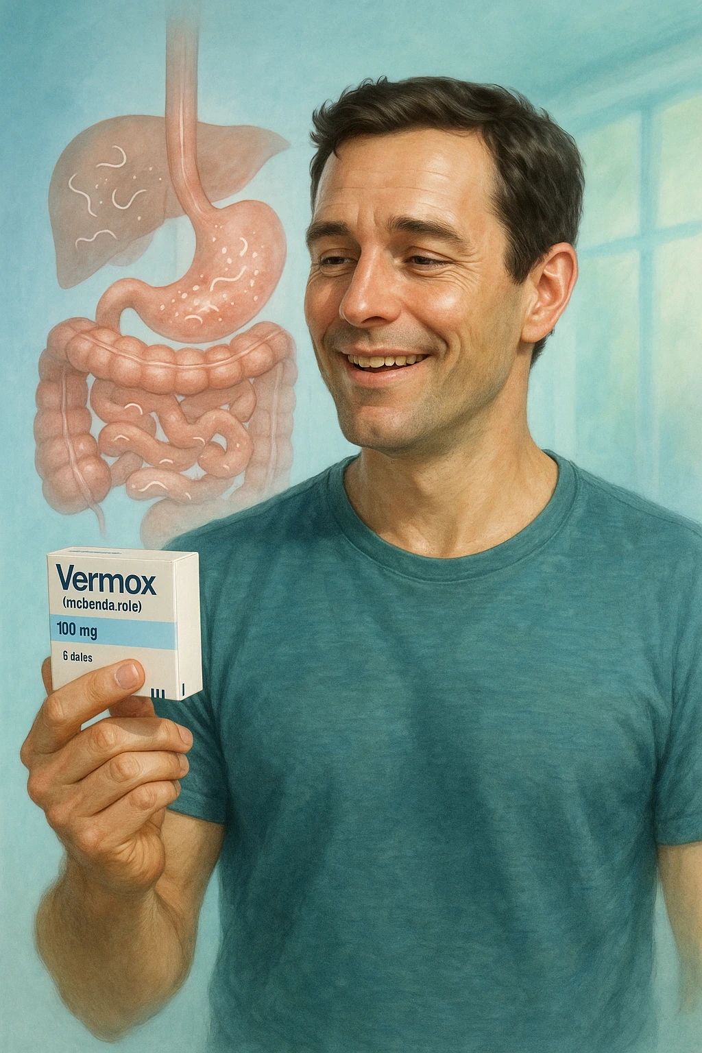 A realistic, cinematic illustration of a man in his late 30s holding a small white box of ‘Vermox’ (mebendazole) in one hand, with a relieved and hopeful expression on his face. Behind him, a semi-transparent overlay shows his digestive tract where small, symbolic worm-like parasites are dissolving and disappearing, indicating the medication’s effect. The environment is clean and bright, with a medical yet hopeful tone, conveying the concept of effective parasite removal. Subtle blue and green tones symbolize cleansing and health restoration, while the man appears energized and ready to reclaim his well-being emoji