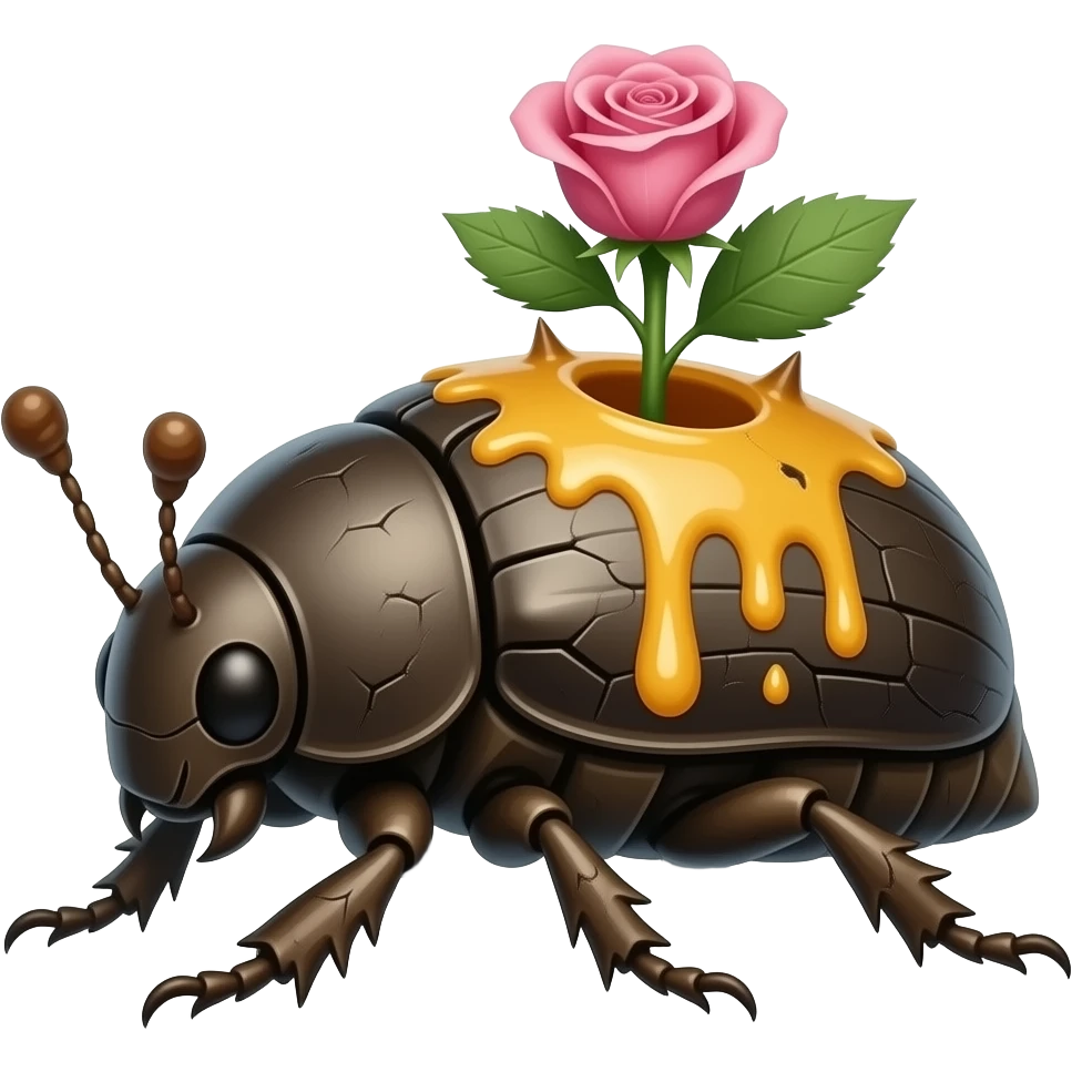 Saprawl A slow forest beetle crawler with sticky amber sap running through cracks in its bark-like body. it's made of bark but has one flowers blooming on its back, it has rose spikes and runs fast with all its limbs. It's full of leave markings, and looks like a mantis emoji