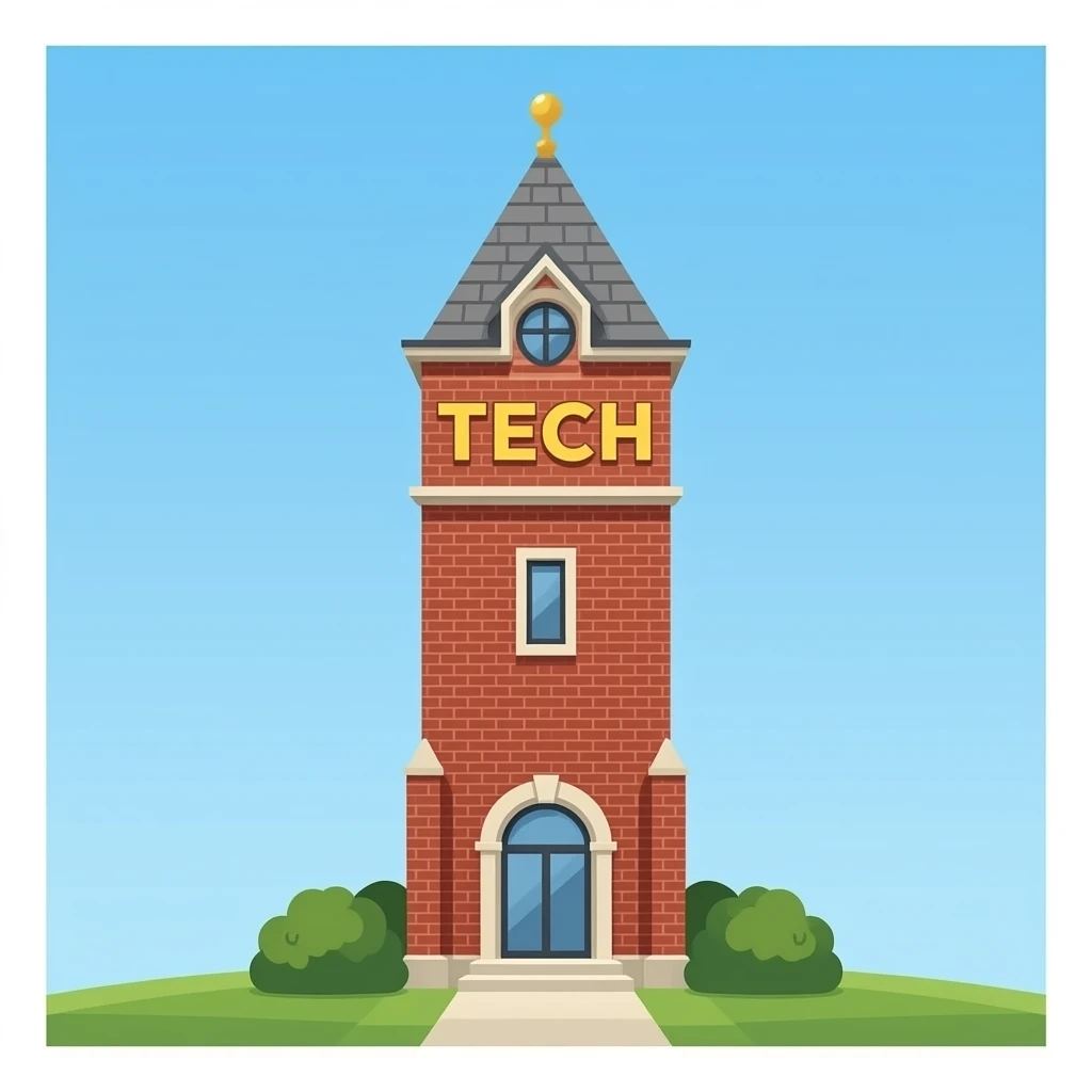 Georgia Tech Tower. Tall, narrow red-brick tower with a large arched window at the bottom, a smaller rectangular window above, and the word “TECH” in bold gold letters near the top. Add a steep gray pointed roof with a small gold tip. emoji