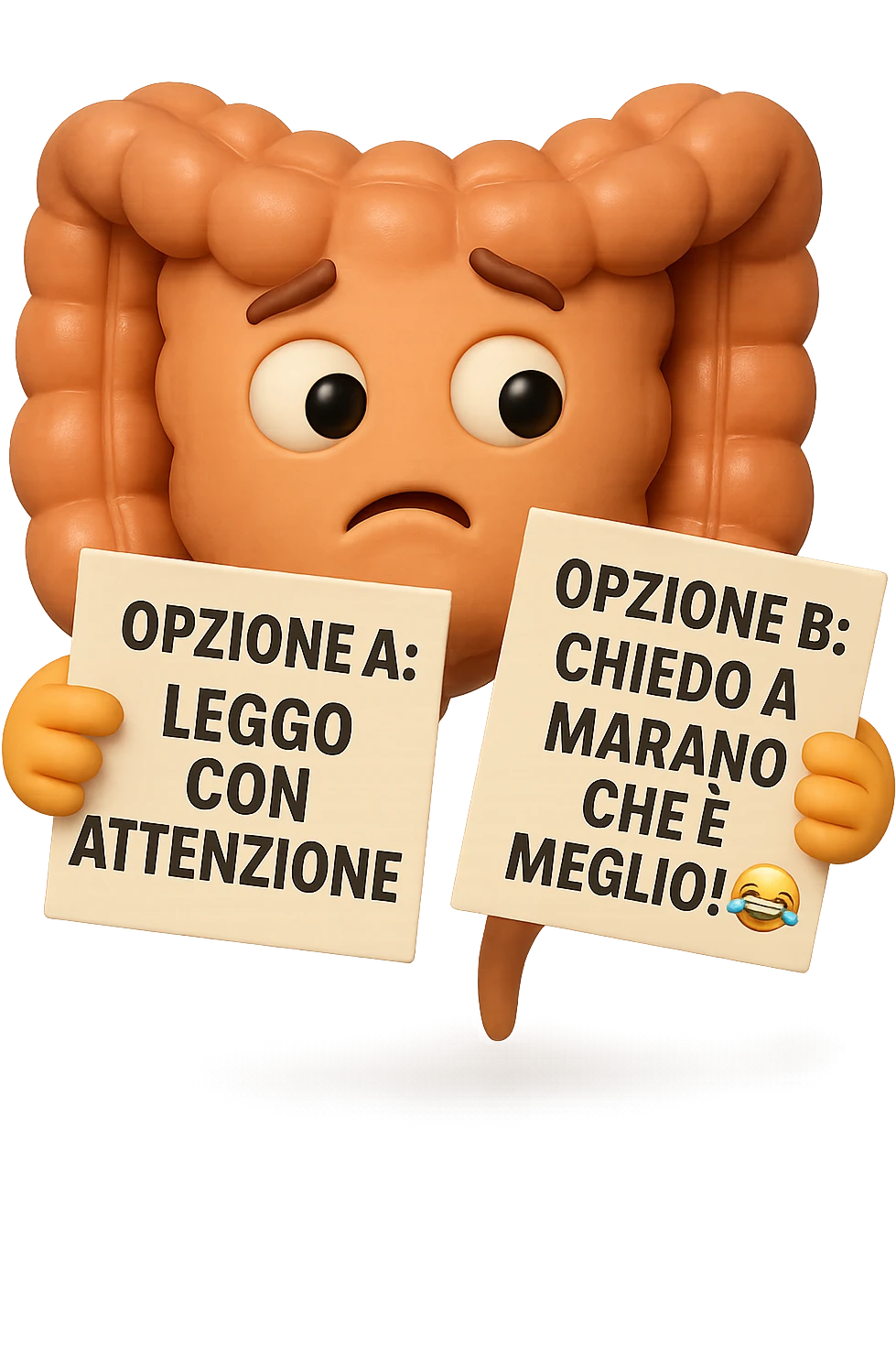 SU QUESTO STILE FAI UN EMOJI STILE IPHONE 3D DI UN INTESTINO CHE HA nella mano destra "OPZIONE A: LEGGO CON ATTENZIONE" E NELLA MANO SINISTRA" OPZIONE B: CHIEDO A MARANO CHE è MEGLIO! (METTICI UNO SMILE CON RISATE QUI)", FAGLI UN ESPRESSIONE CONFUSA MENTRE GUARDA L'OPZIONE A E FALLO MOLTO REALISTICO IN 3D emoji