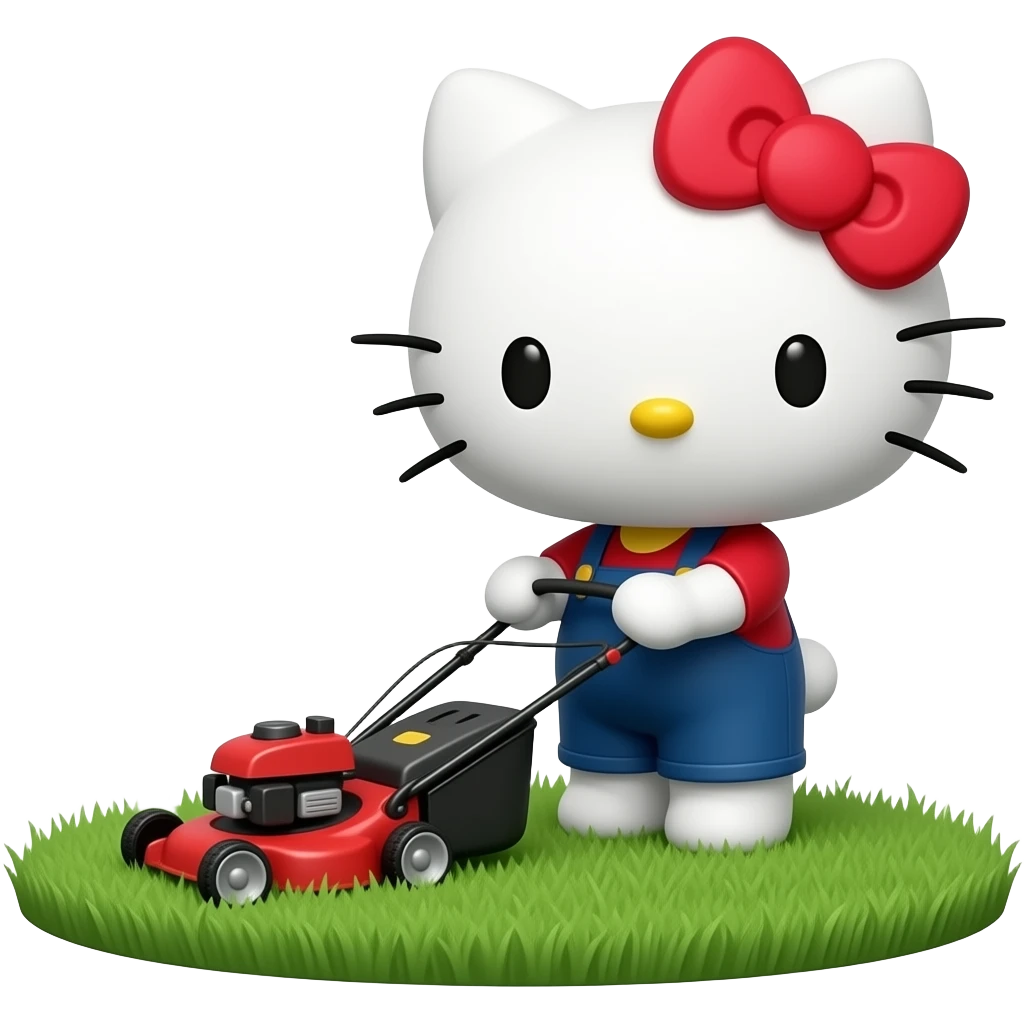 hello kitty mowing the lawn with a lawn mower emoji
