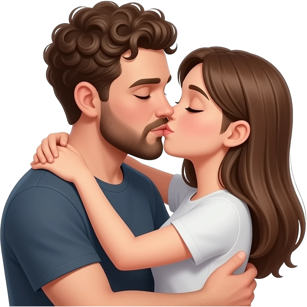 Realistic white man brown super short curly hair with beard kissing strongly and hugging realistic white girl brown straight hair emoji